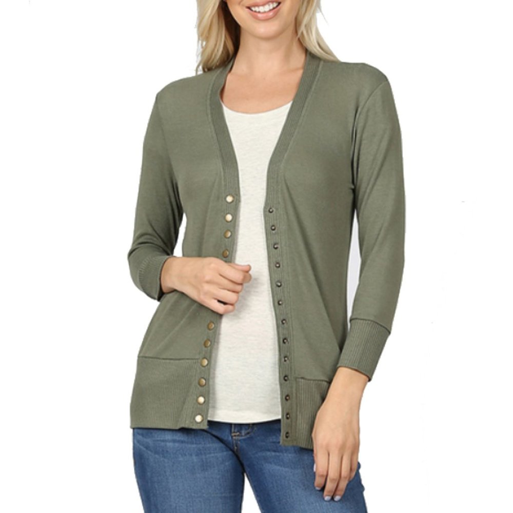 LIGHT OLIVE 3/4 Sleeve Snap Button Cardigan